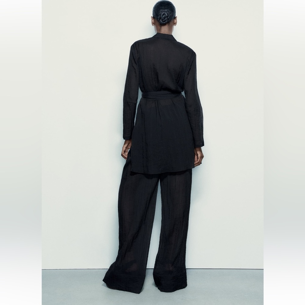 Zara Black Semi-sheer Minimalist Wide Leg Palazzo Pants Elastic waist XS NWT - Picture 6 of 15